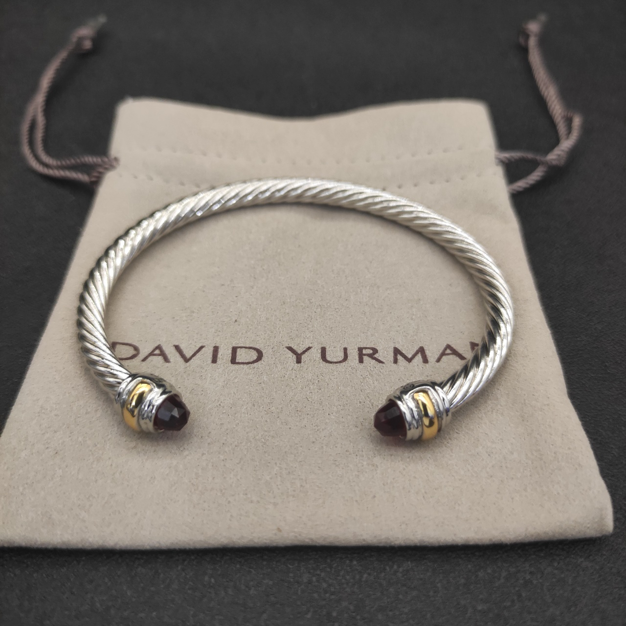 Classic Cable Bracelet Sterling Silver with 14K Yellow Gold and Red Topaz, 5mm
