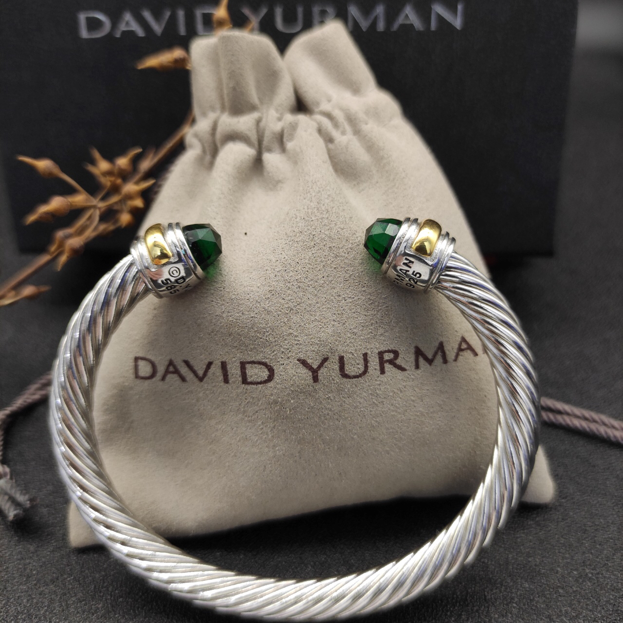 Classic Cable Bracelet Sterling Silver with 14K Yellow Gold and Prasiolite, 5mm