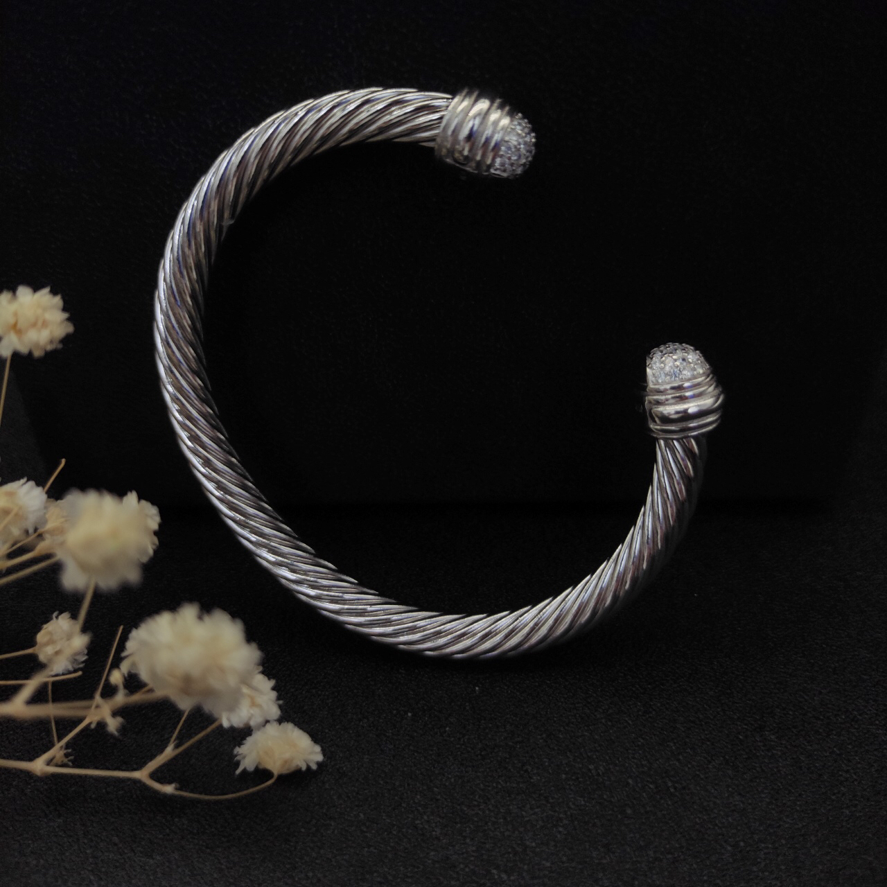 Classic Cable Bracelet Sterling Silver with 18K White Gold and Half Diamond Domes, 7mm