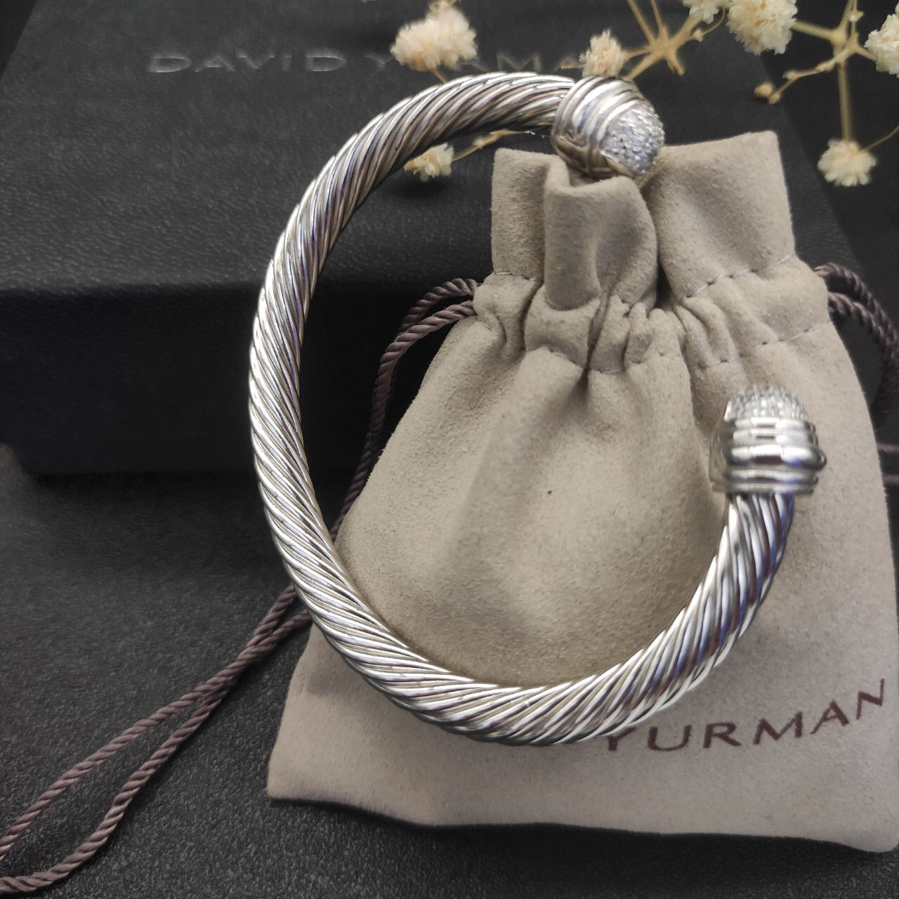 Classic Cable Bracelet Sterling Silver with 18K White Gold and Half Diamond Domes, 7mm