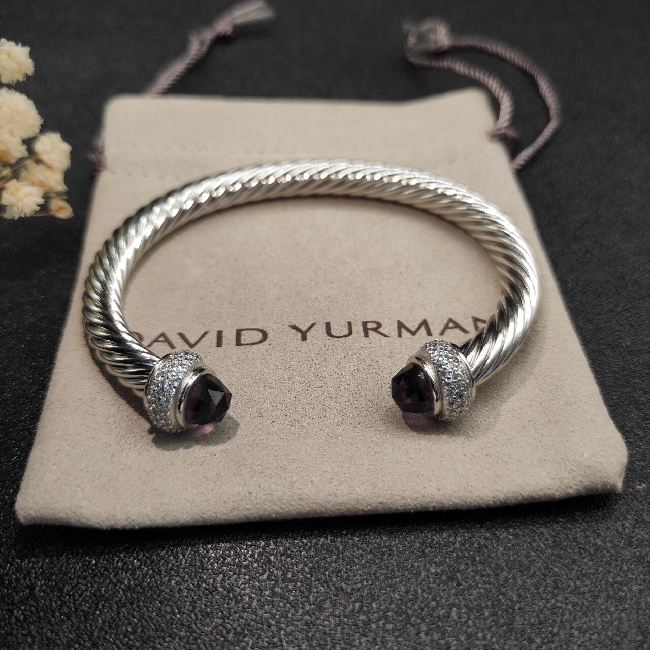 Cable Bracelet Sterling Silver with Amethyst and Diamonds, 7mm