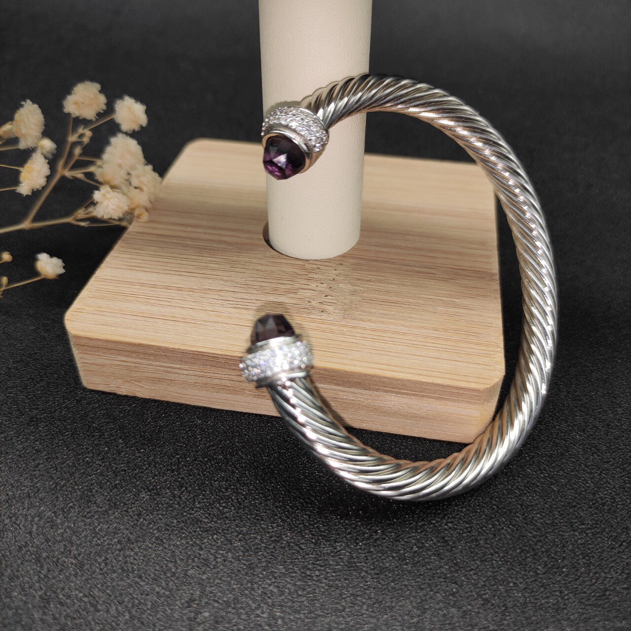 Cable Bracelet Sterling Silver with Amethyst and Diamonds, 7mm