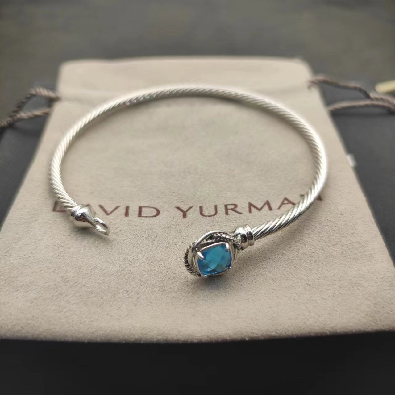 Cable Classics Bracelet, Blue Gemstone and Bead Detail, Sterling Silver, 3mm
