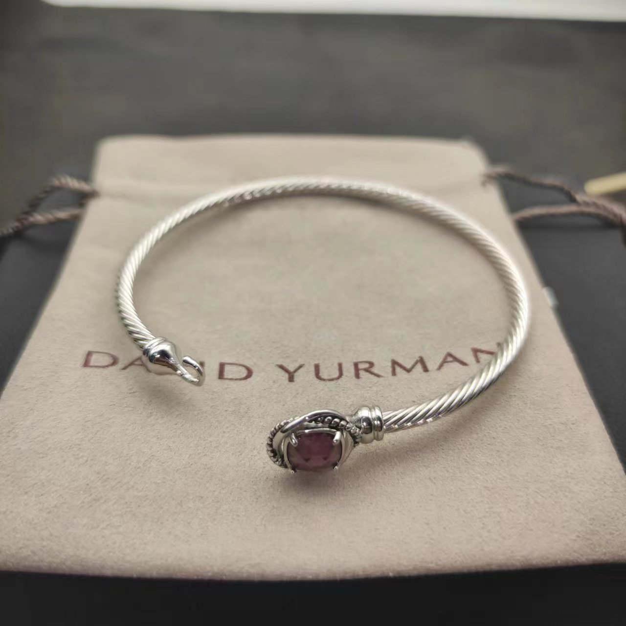 Cable Classics Bracelet, Purple Gemstone and Bead Detail, Sterling Silver, 3mm