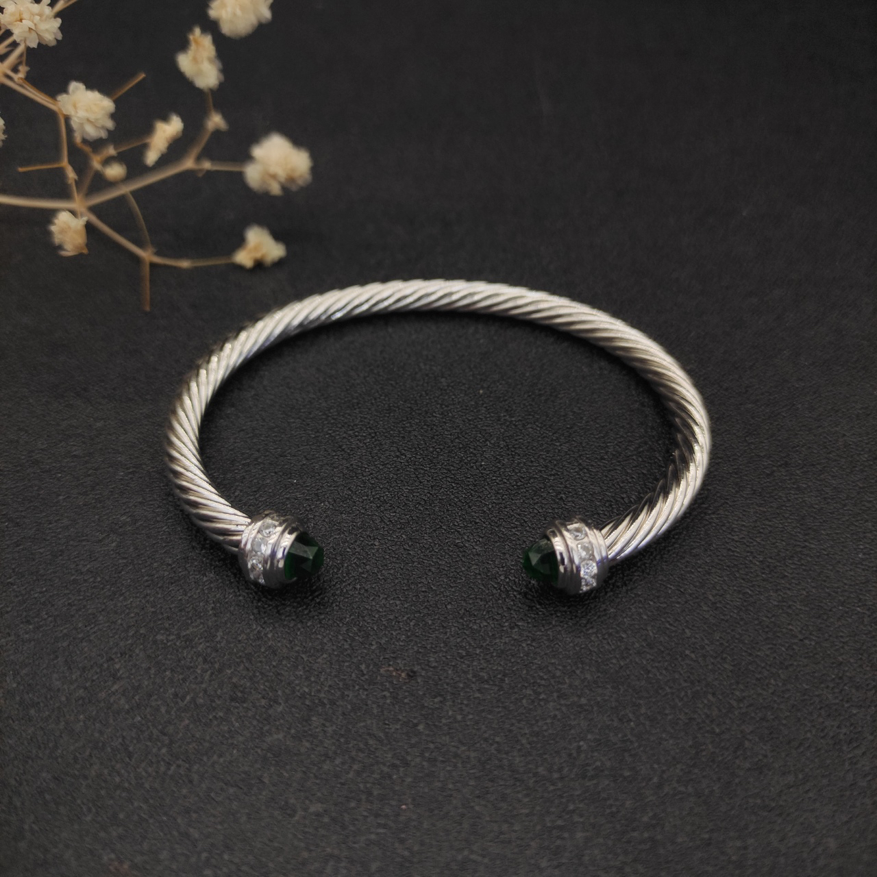 Classic Cable Bracelet Sterling Silver with Prasiolite and Diamonds, 5mm