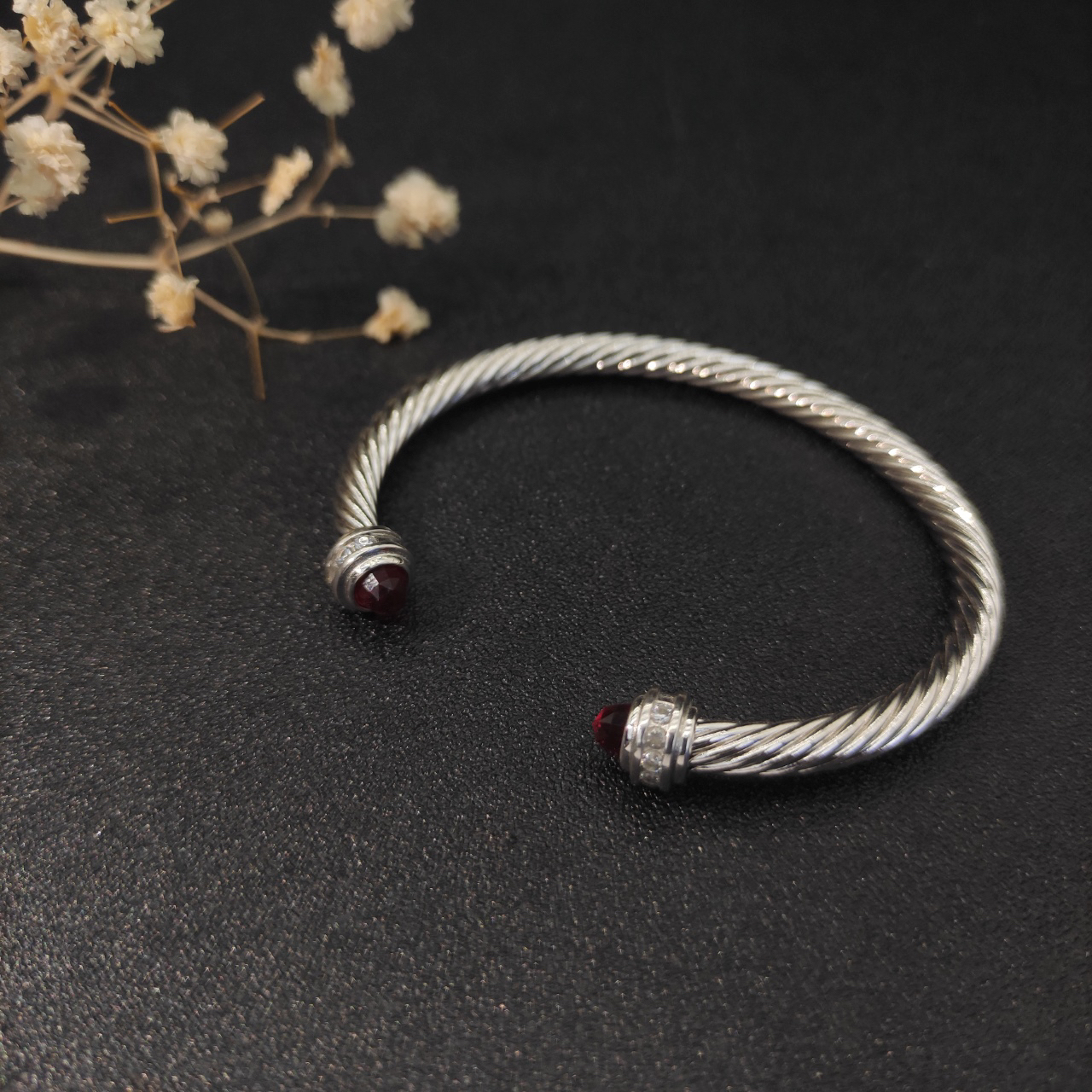 Classic Cable Bracelet Sterling Silver with Almandine and Diamonds, 5mm