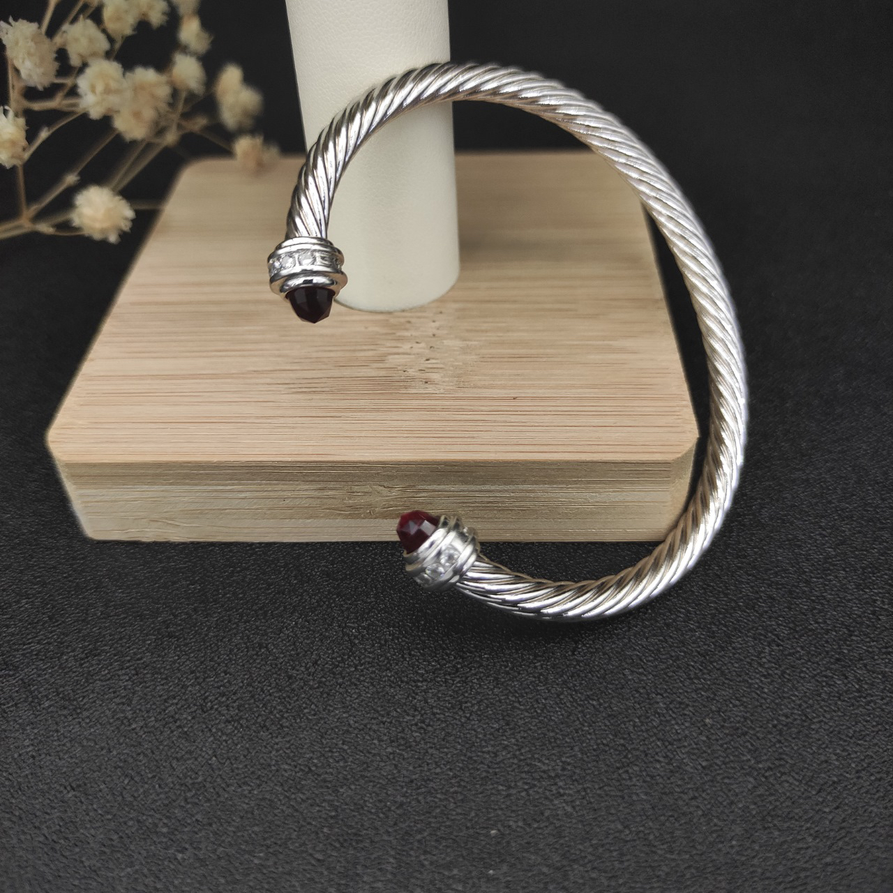 Classic Cable Bracelet Sterling Silver with Almandine and Diamonds, 5mm