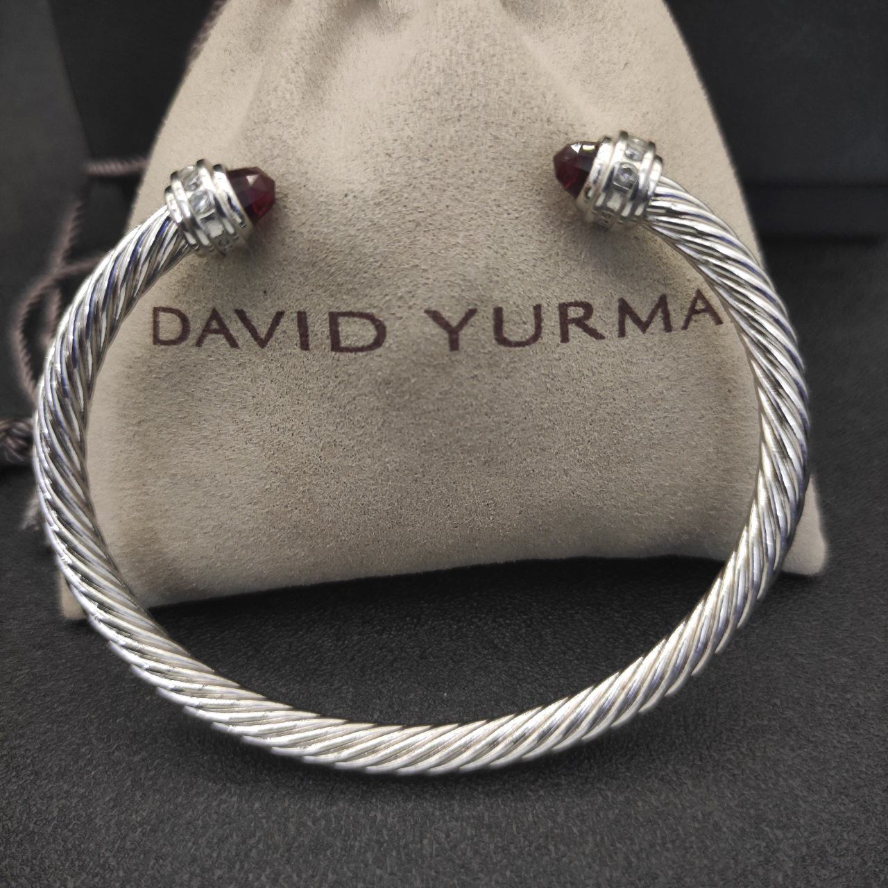 Classic Cable Bracelet Sterling Silver with Almandine and Diamonds, 5mm