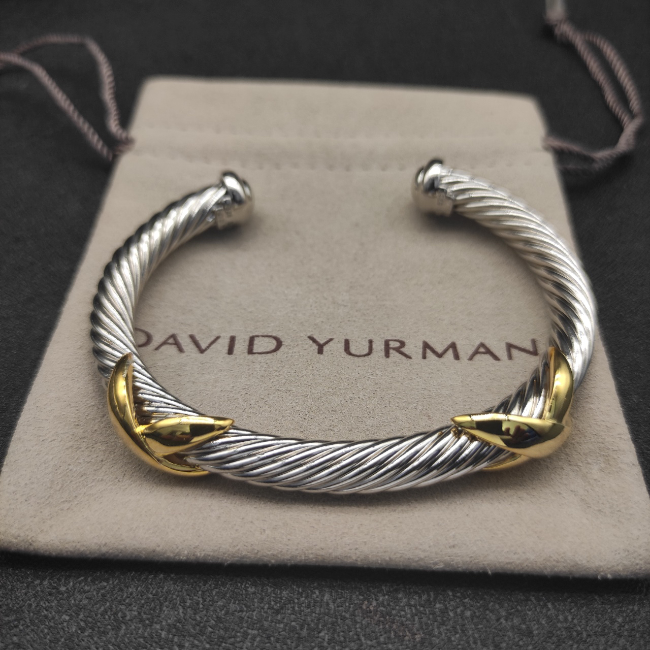 X Classic Cable Station Bracelet Sterling Silver with 14K Yellow Gold, 7mm
