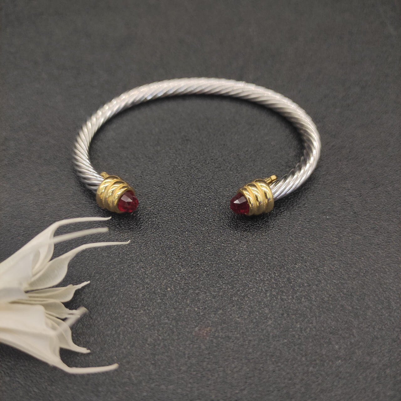 Classic Cable Bracelet Sterling Silver with Red Crystal and Diamonds, 5mm