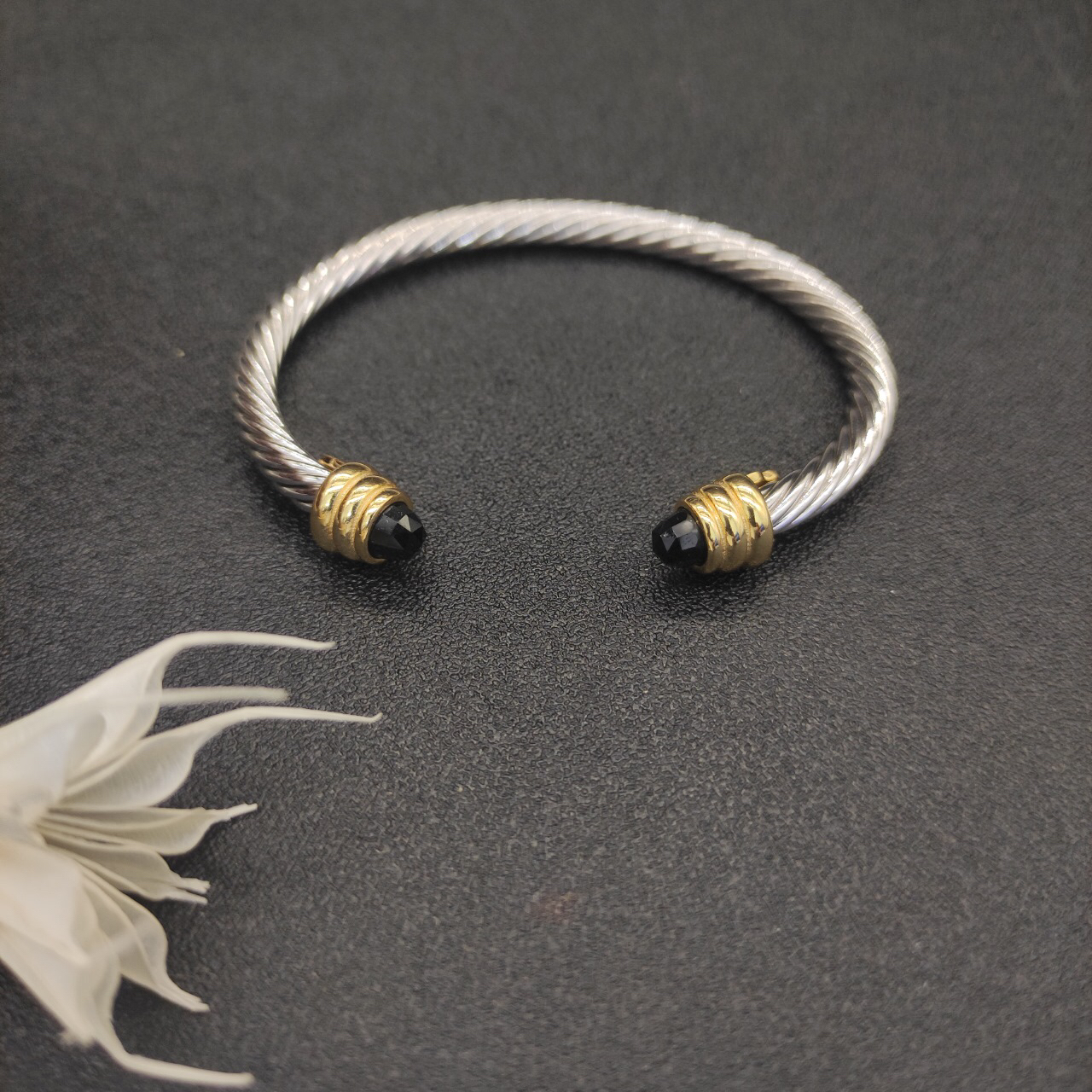 Classic Cable Bracelet Sterling Silver with Black Crystal and Diamonds, 5mm