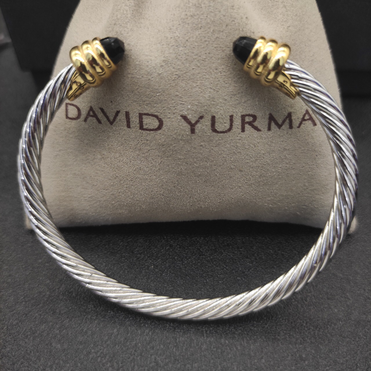 Classic Cable Bracelet Sterling Silver with Black Crystal and Diamonds, 5mm