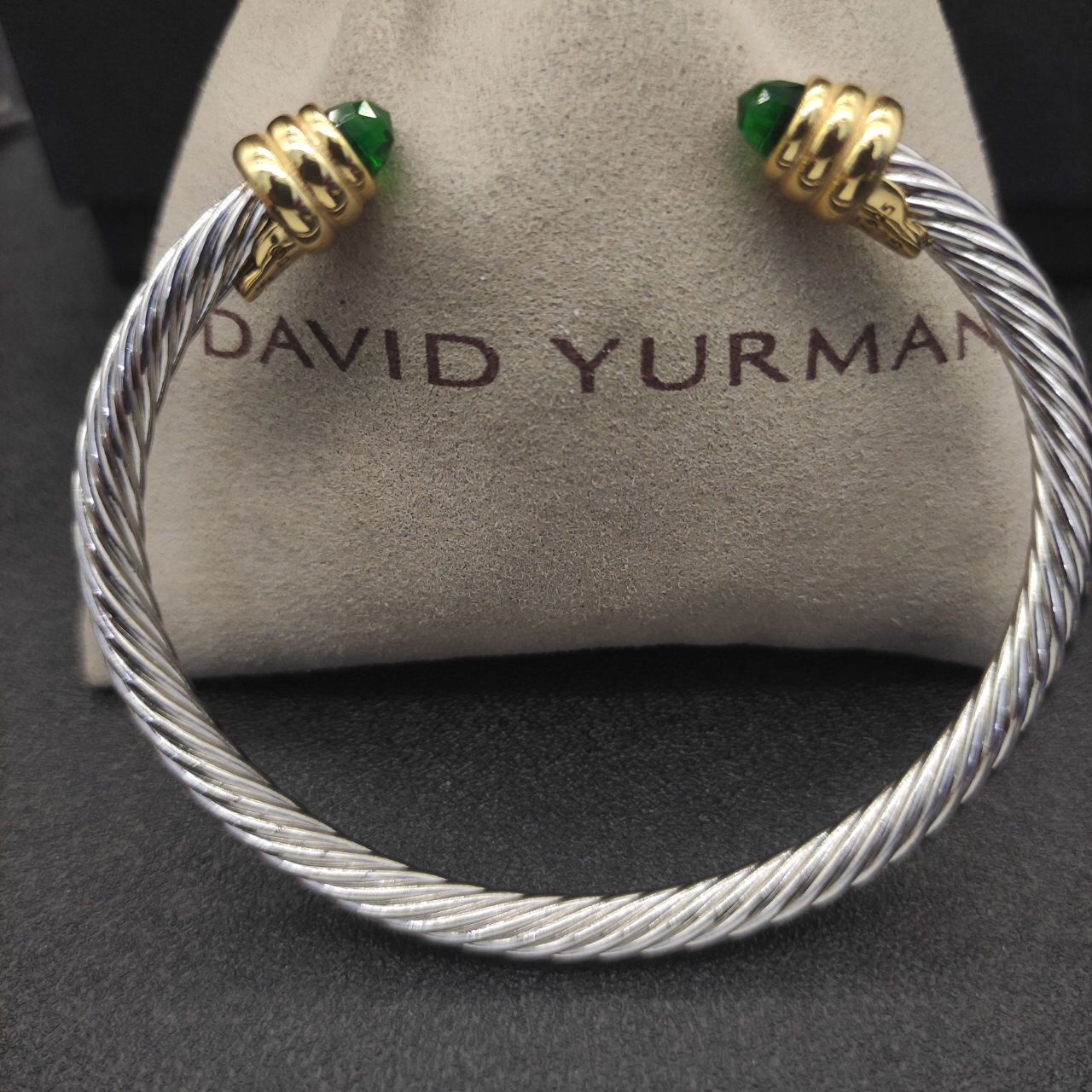 Classic Cable Bracelet Sterling Silver with Dark green crystal and Diamonds, 5mm