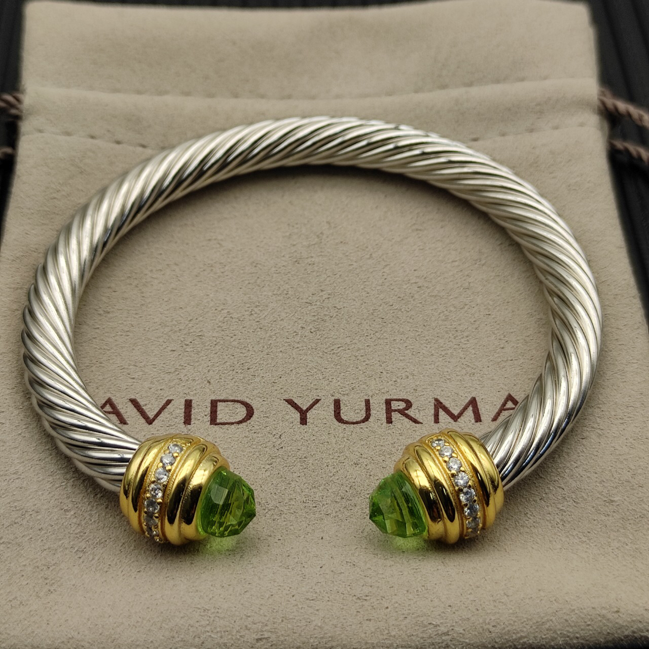 Classic Cablespira® Bracelet Sterling Silver with 14K Yellow Gold,Prasiolite and Diamonds, 7mm