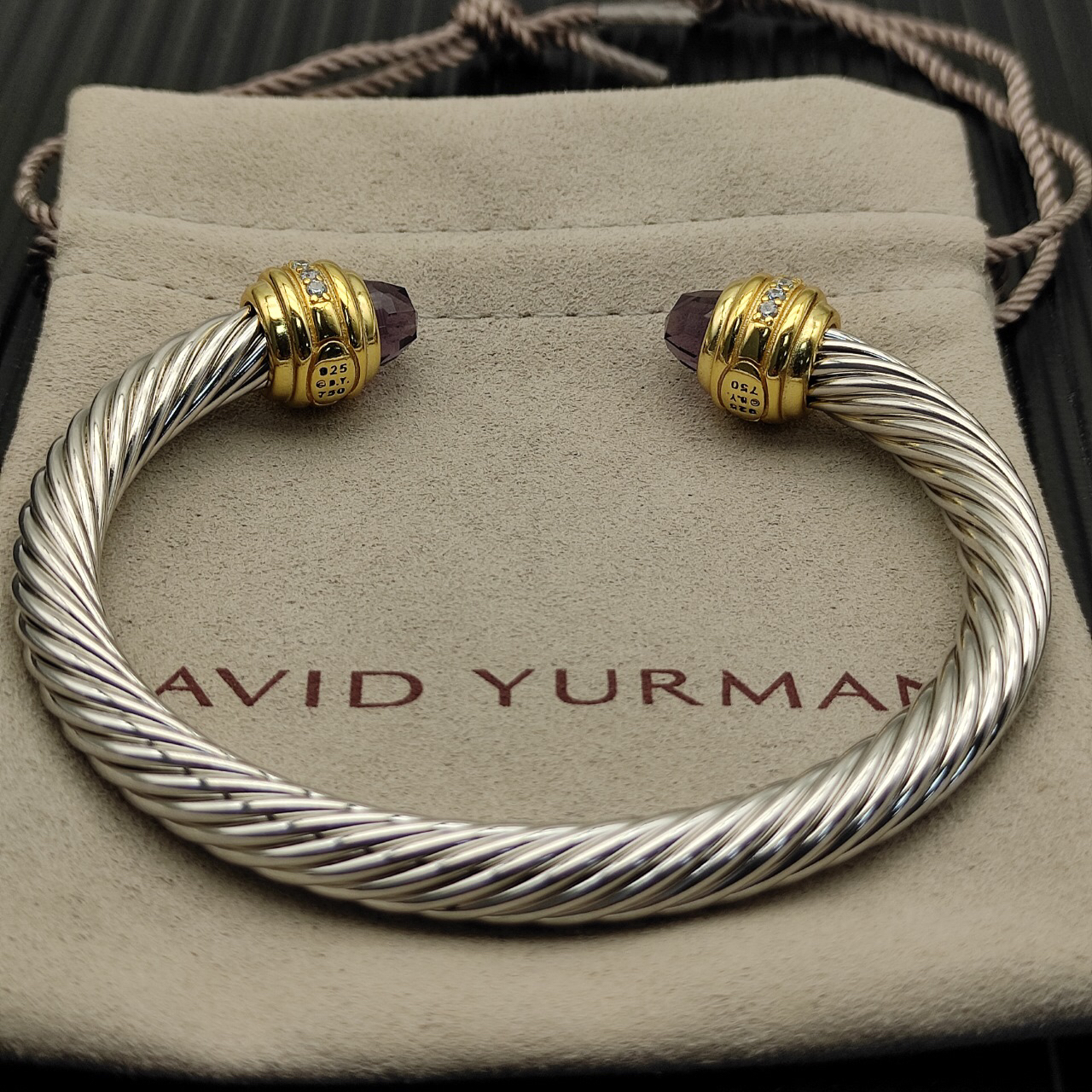 Classic Cablespira® Bracelet Sterling Silver with 14K Yellow Gold,Amethyst and Diamonds, 7mm