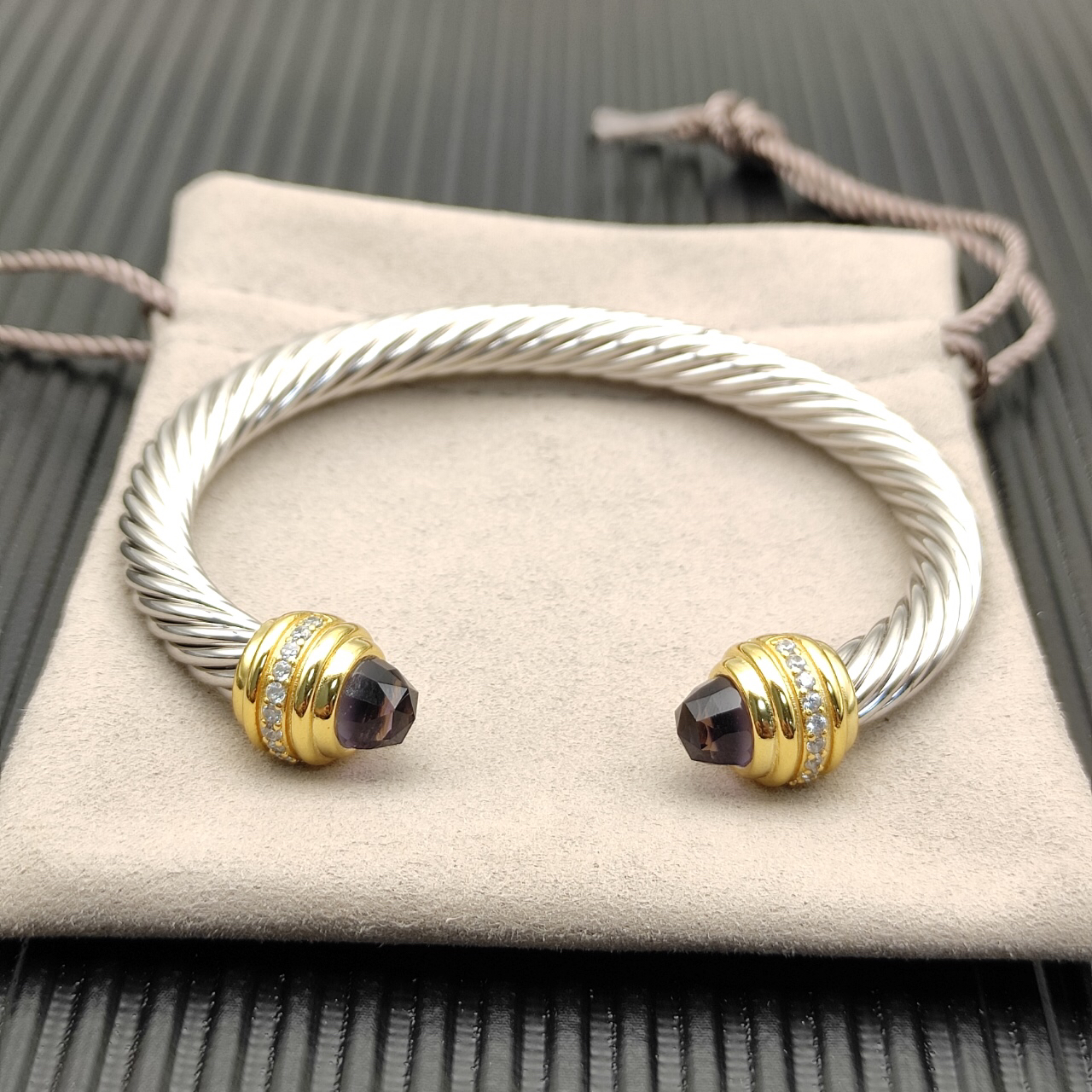 Classic Cablespira® Bracelet Sterling Silver with 14K Yellow Gold,Amethyst and Diamonds, 7mm