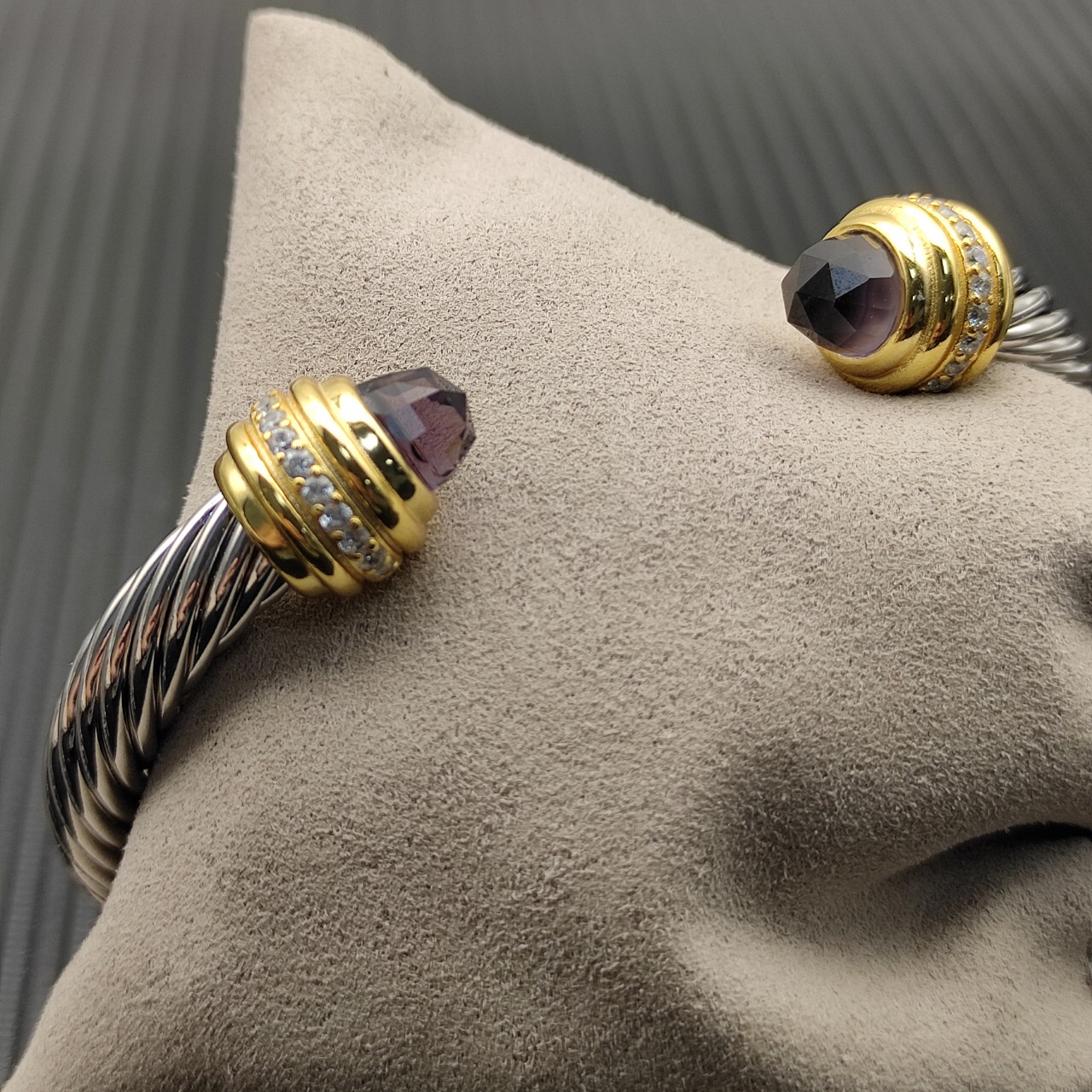 Classic Cablespira® Bracelet Sterling Silver with 14K Yellow Gold,Amethyst and Diamonds, 7mm