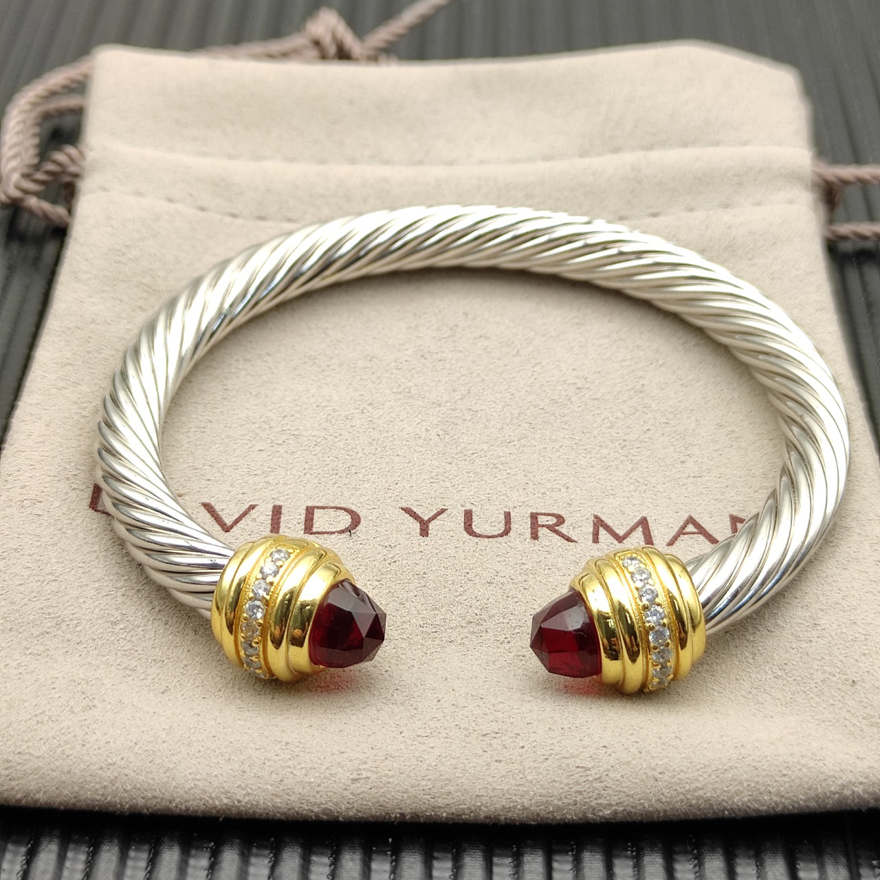 Classic Cablespira® Bracelet Sterling Silver with 14K Yellow Gold,Rhodolite Garne and Diamonds, 7mm