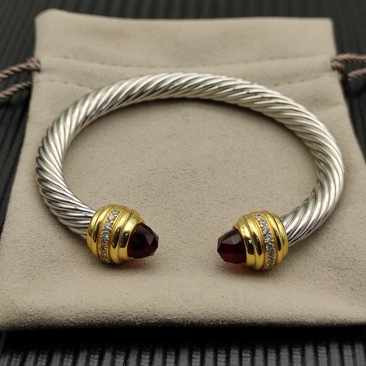 Classic Cablespira® Bracelet Sterling Silver with 14K Yellow Gold,Rhodolite Garne and Diamonds, 7mm