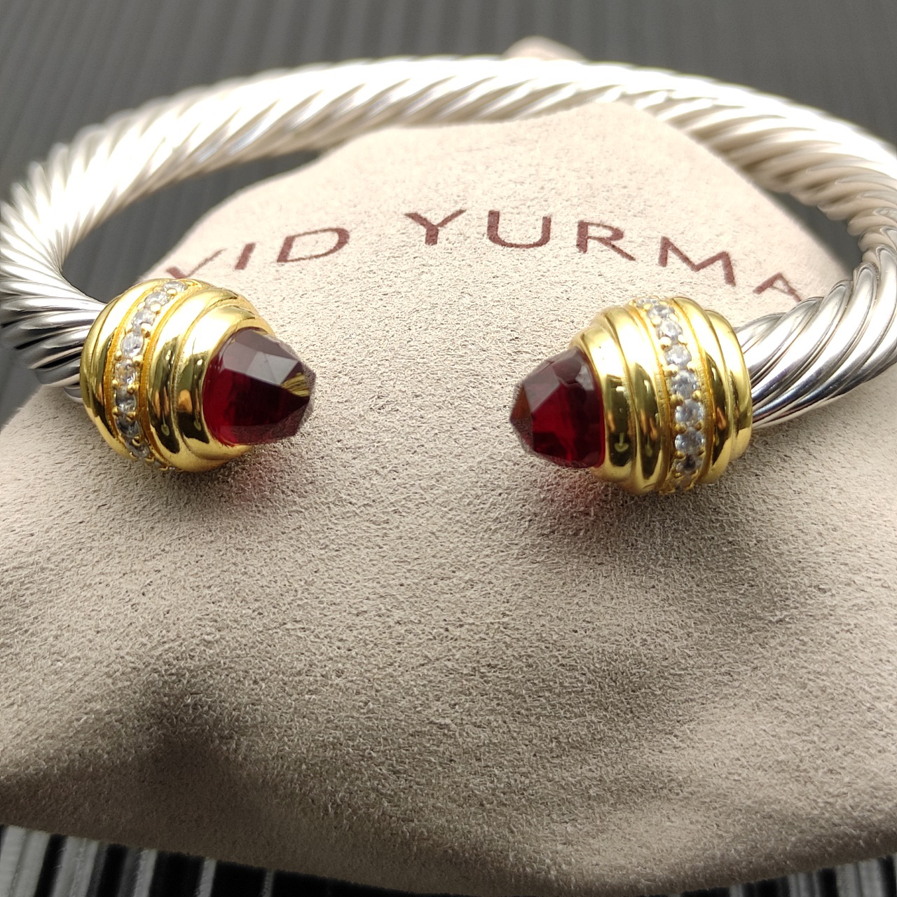 Classic Cablespira® Bracelet Sterling Silver with 14K Yellow Gold,Rhodolite Garne and Diamonds, 7mm