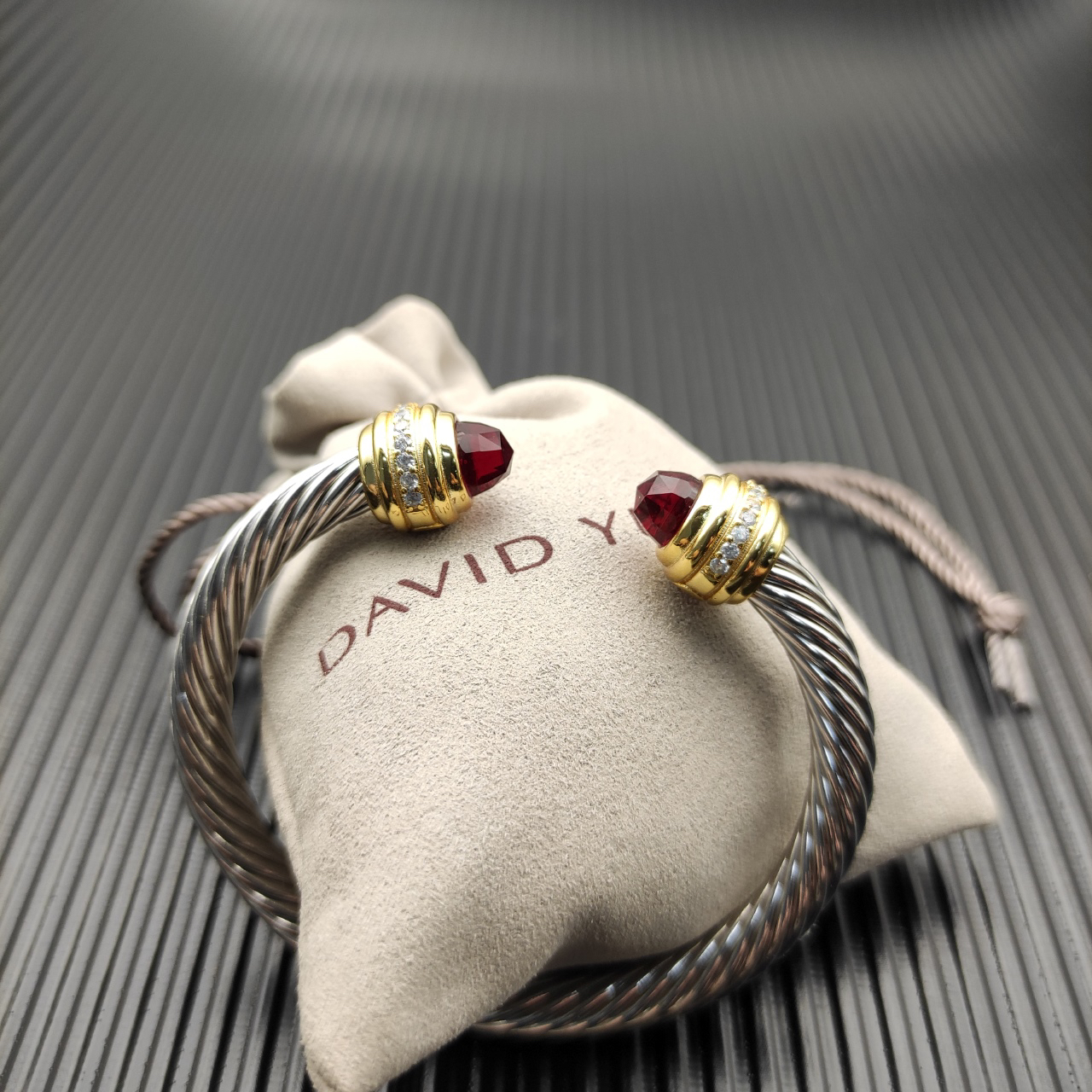 Classic Cablespira® Bracelet Sterling Silver with 14K Yellow Gold,Rhodolite Garne and Diamonds, 7mm