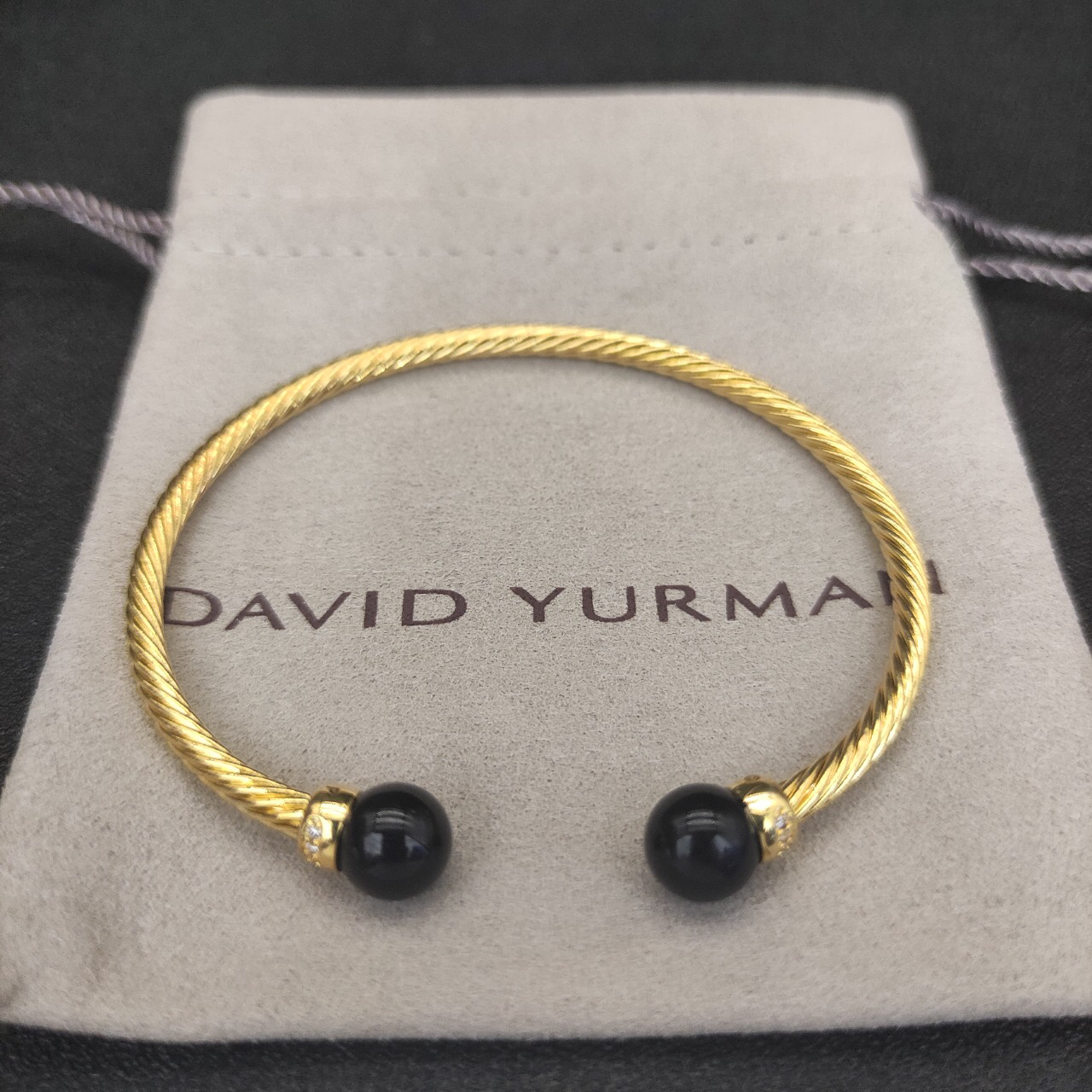 Solari Cablespira® Bracelet 18K Yellow Gold with Black Agate and Diamonds, 3mm