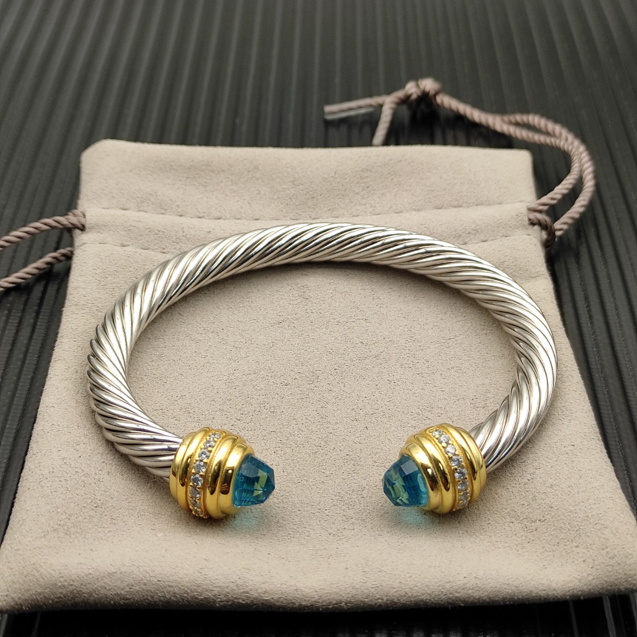 Classic Cablespira® Bracelet Sterling Silver with 14K Yellow Gold, Aquamarine and Diamonds, 7mm