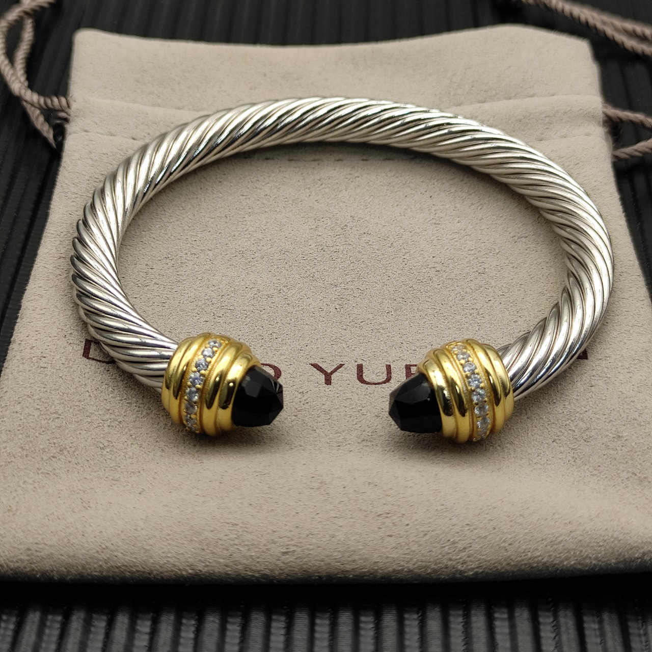 Classic Cablespira® Bracelet Sterling Silver with 14K Yellow Gold,Black Onyx and Diamonds, 7mm