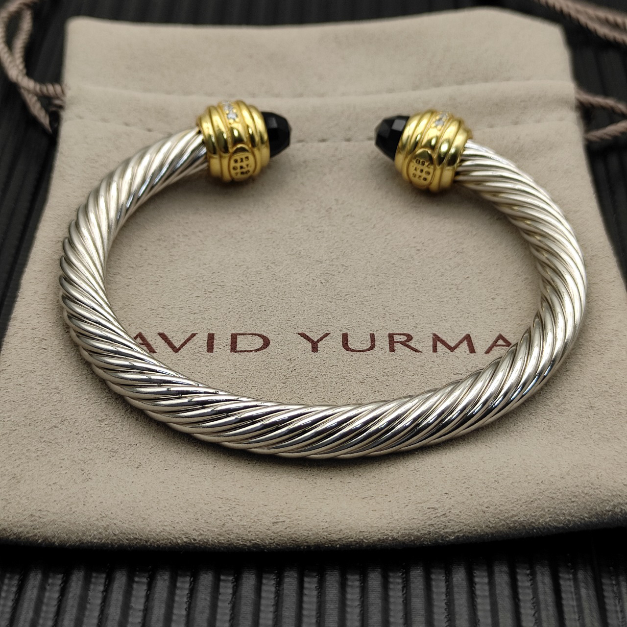 Classic Cablespira® Bracelet Sterling Silver with 14K Yellow Gold,Black Onyx and Diamonds, 7mm