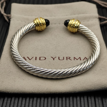Classic Cablespira® Bracelet Sterling Silver with 14K Yellow Gold,Black Onyx and Diamonds, 7mm