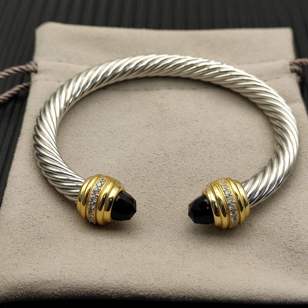 Classic Cablespira® Bracelet Sterling Silver with 14K Yellow Gold,Black Onyx and Diamonds, 7mm