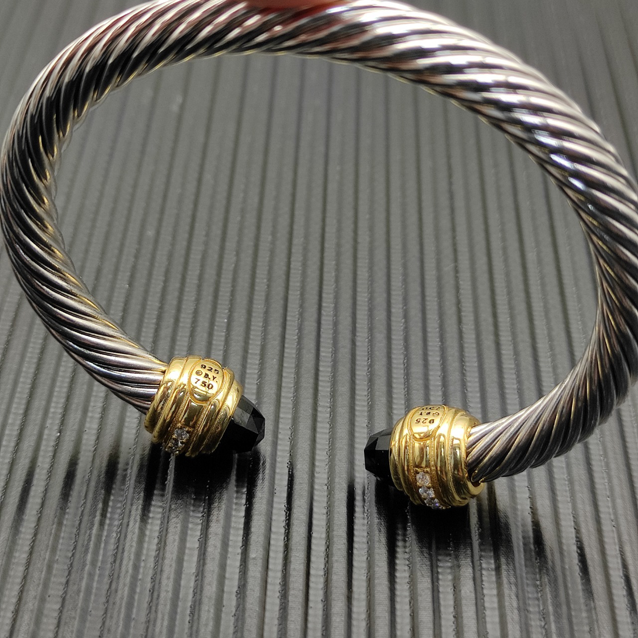 Classic Cablespira® Bracelet Sterling Silver with 14K Yellow Gold,Black Onyx and Diamonds, 7mm