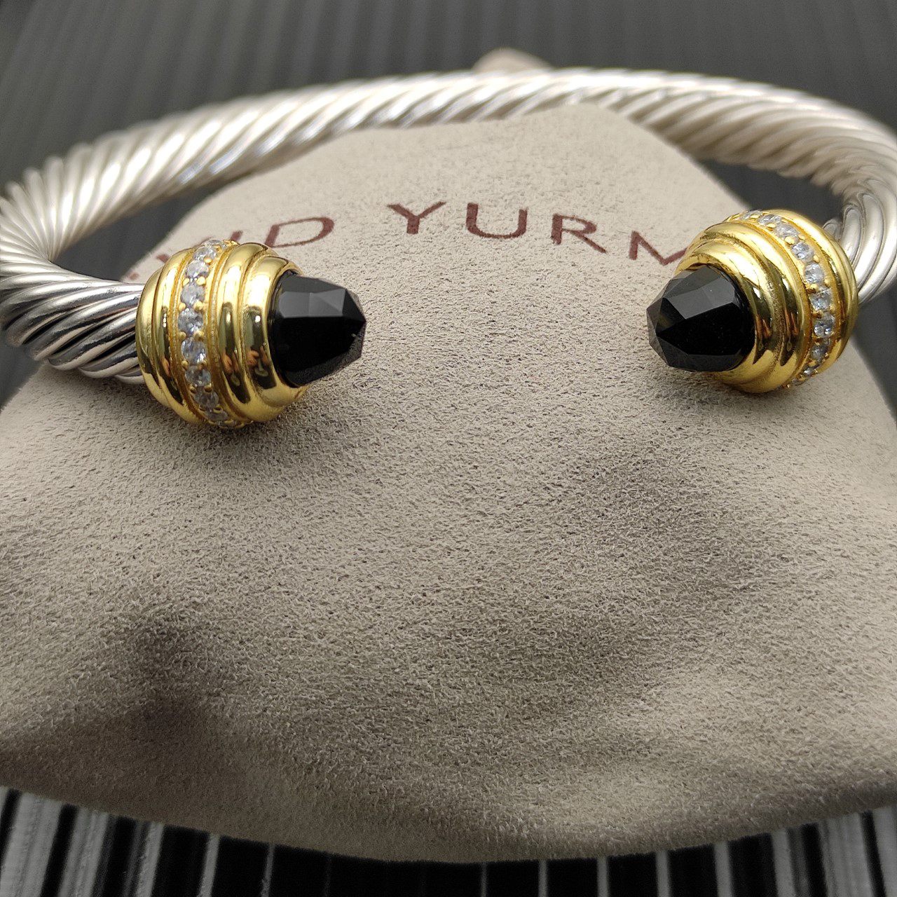 Classic Cablespira® Bracelet Sterling Silver with 14K Yellow Gold,Black Onyx and Diamonds, 7mm