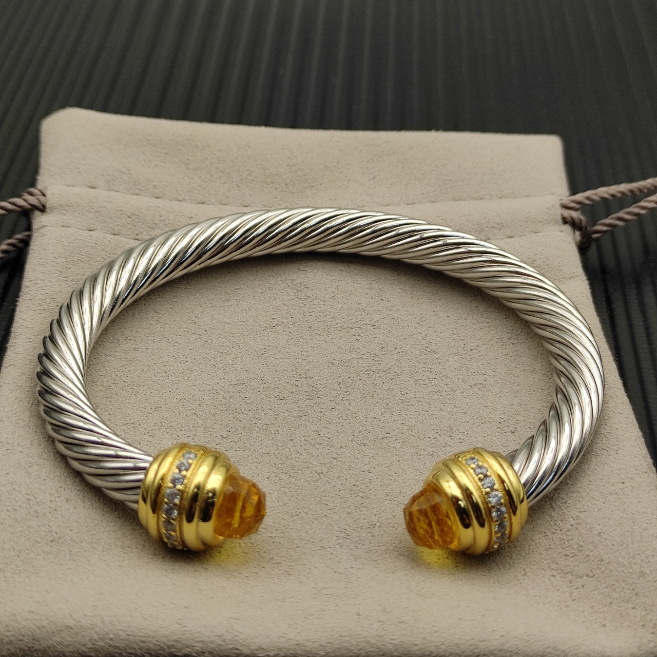 Classic Cablespira® Bracelet Sterling Silver with 14K Yellow Gold,Citrine and Diamonds, 7mm