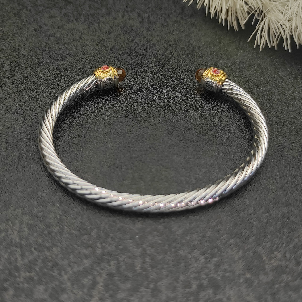 Renaissance® Classic Cable Bracelet Sterling Silver with 14K Yellow Gold, Morganite, 5mm