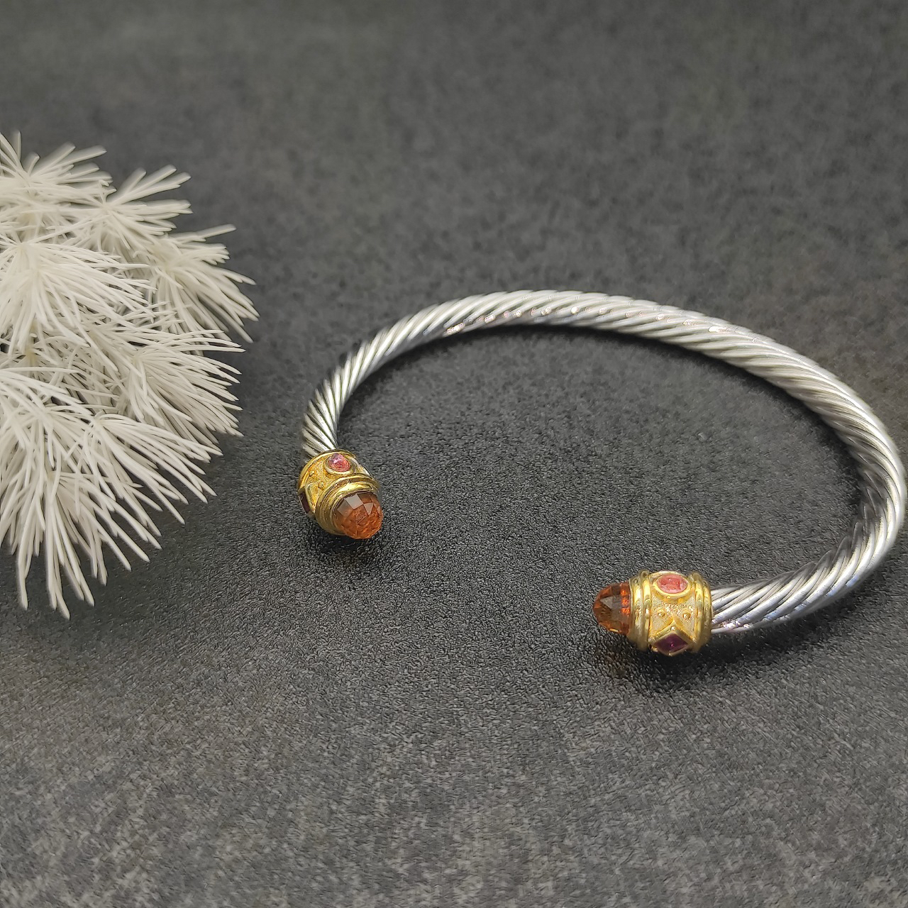 Renaissance® Classic Cable Bracelet Sterling Silver with 14K Yellow Gold, Morganite, 5mm