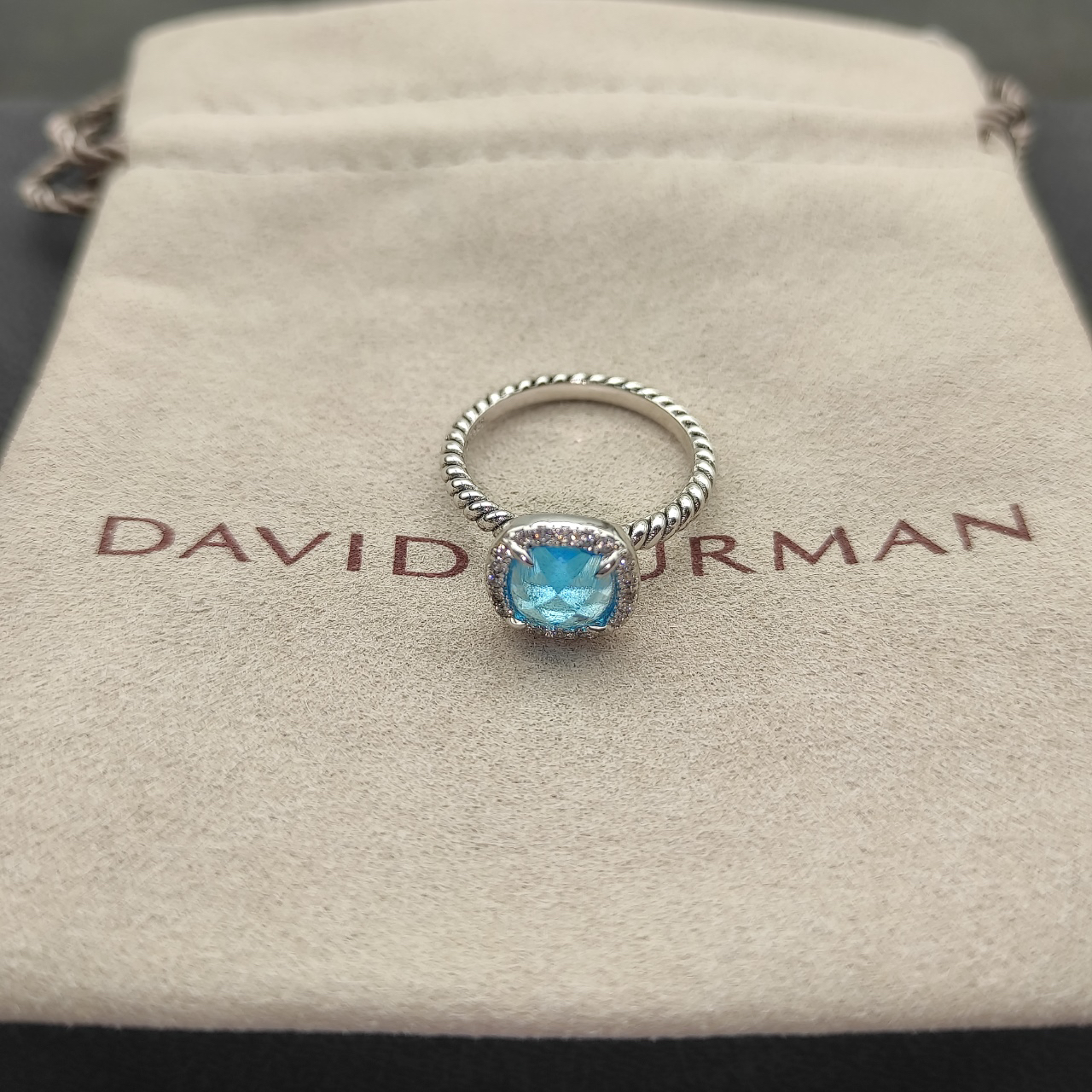 Petite Chatelaine® Pavé Bezel Ring Sterling Silver with Blue Topaz and Diamonds, 7mm