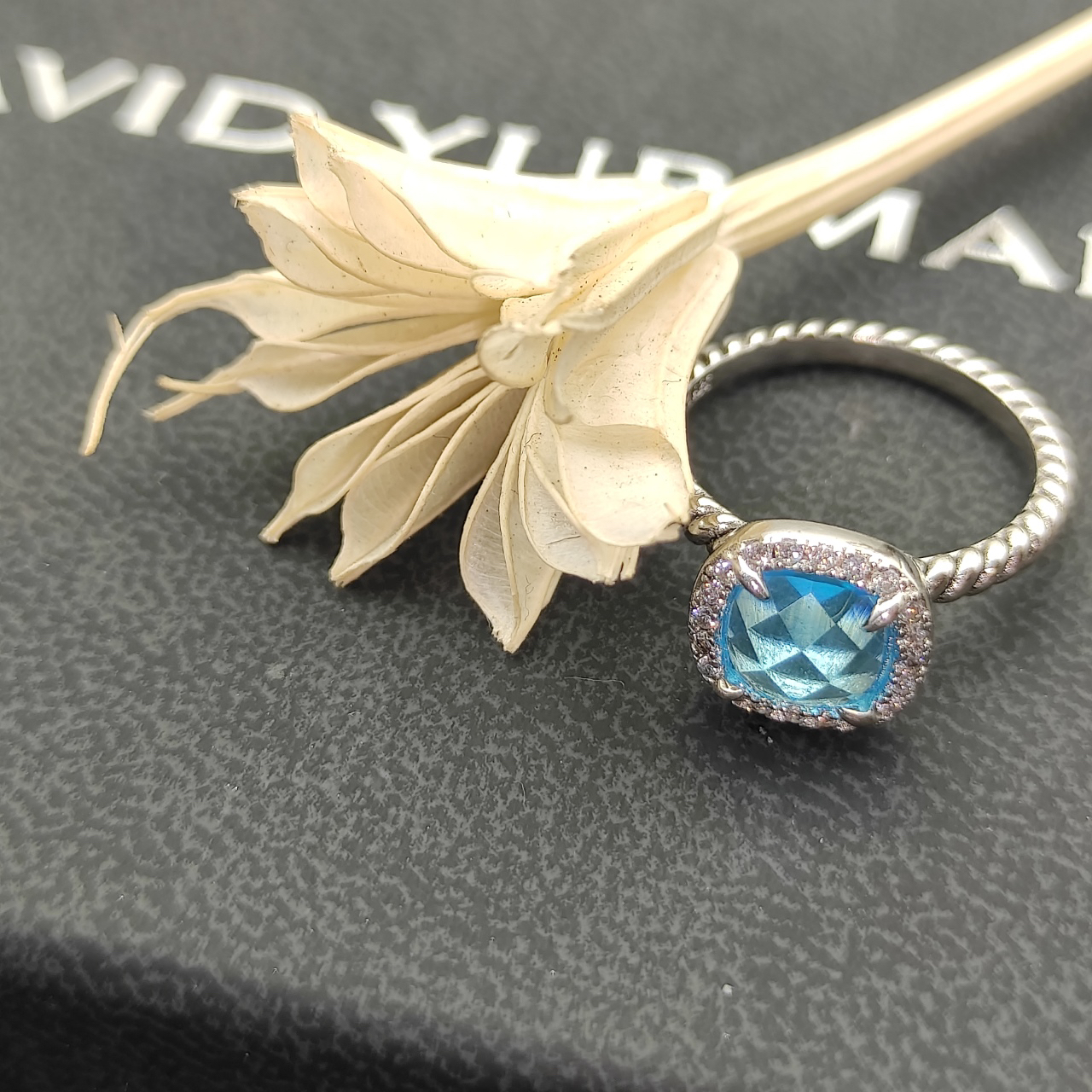 Petite Chatelaine® Pavé Bezel Ring Sterling Silver with Blue Topaz and Diamonds, 7mm