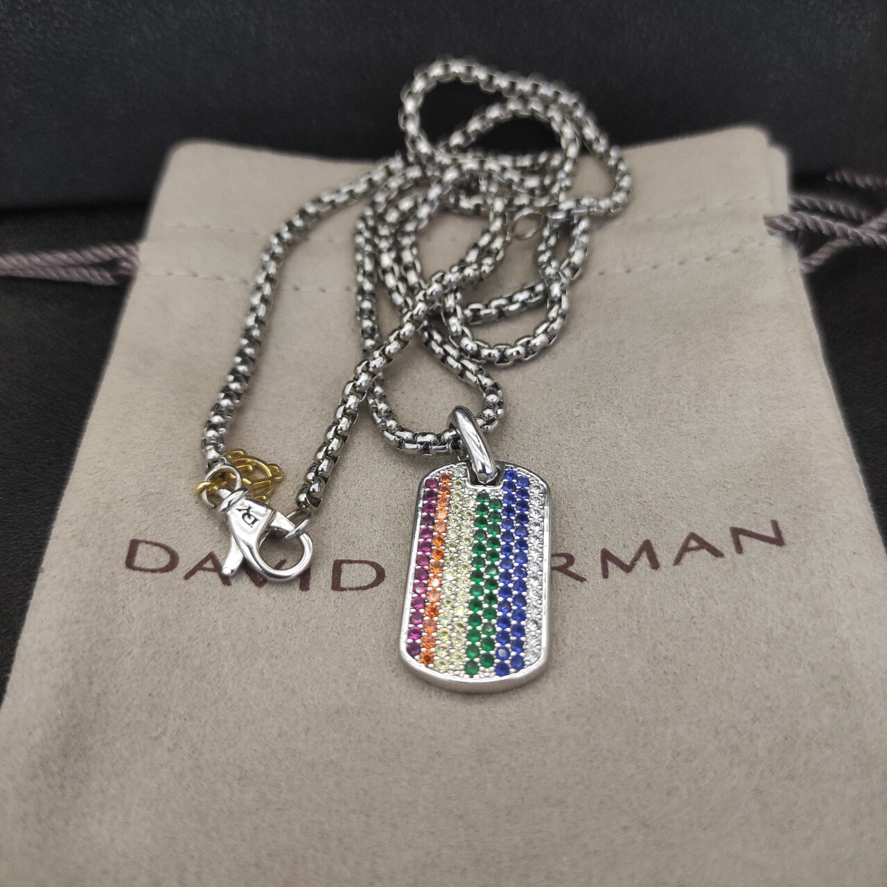 Chevron Tag Sterling Silver with Rainbow Pavé, 27mm