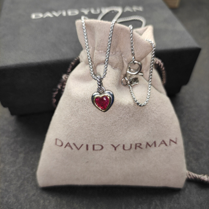 Petite Cable Heart Pendant Necklace Sterling Silver with 14K Yellow Gold and Rhodolite Garnet