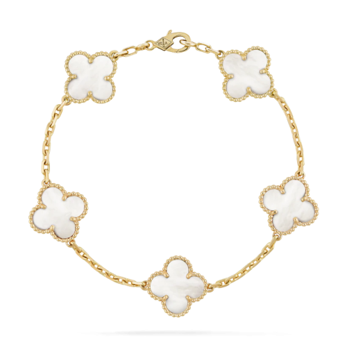 Lucky four-leaf clover and five-petal flower white mother-of-pearl bracelet