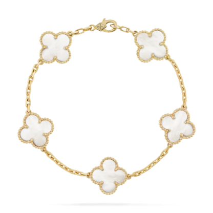 Lucky four-leaf clover and five-petal flower white mother-of-pearl bracelet