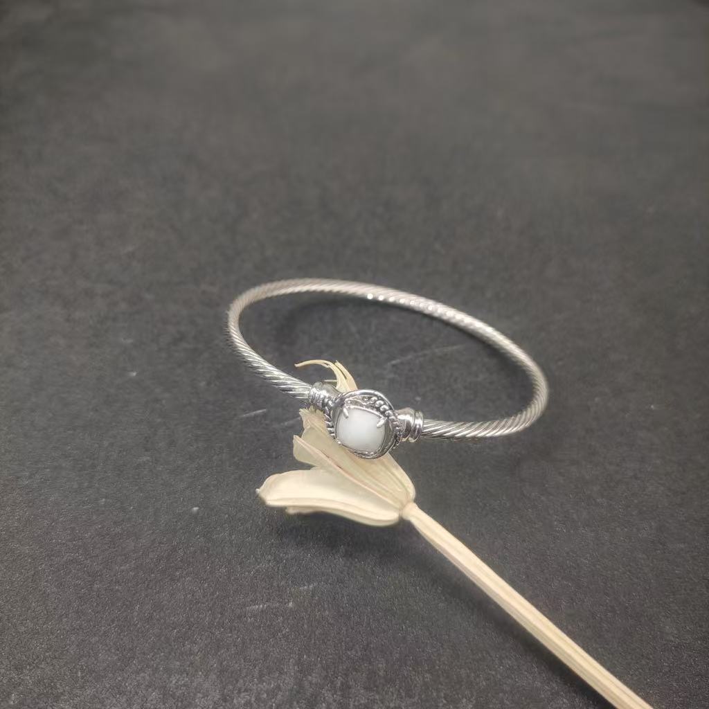 Cable Classics Bracelet, White Agate and Bead Detail, Sterling Silver, 3mm