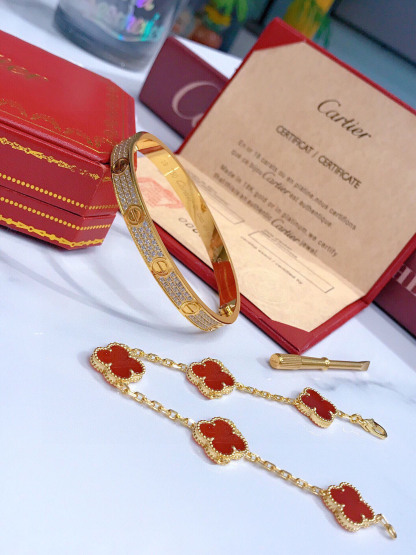 LOVE BRACELET, DIAMOND-PAVED + Vintage Alhambra bracelet, 5 motifs