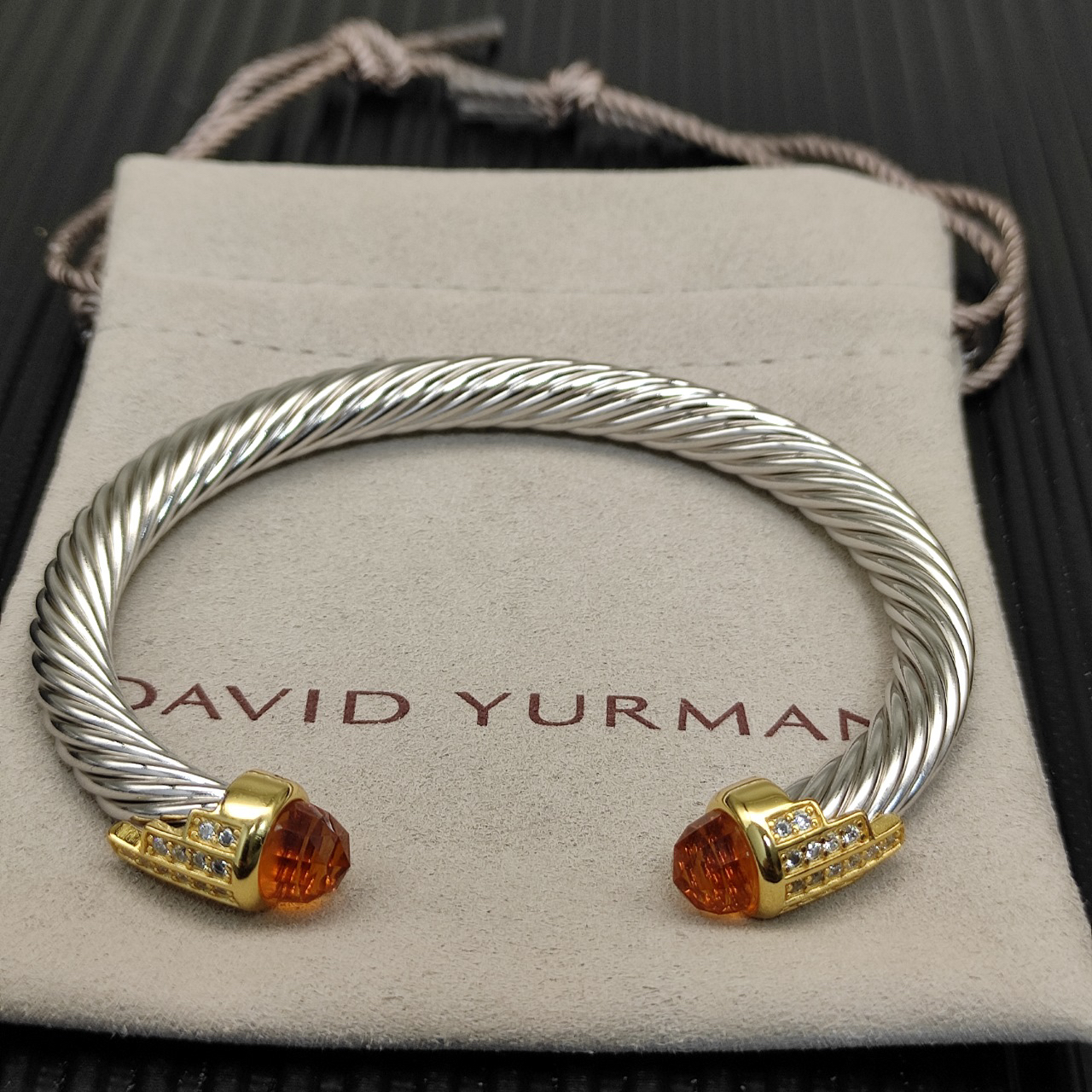 7mm Cable Bracelet with Champagne & Diamond Accents – Gold Cap