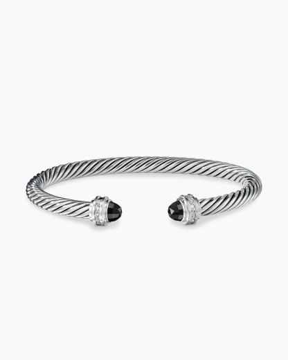 Classic Cable Bracelet Sterling Silver with Black Onyx and Diamonds, 5mm