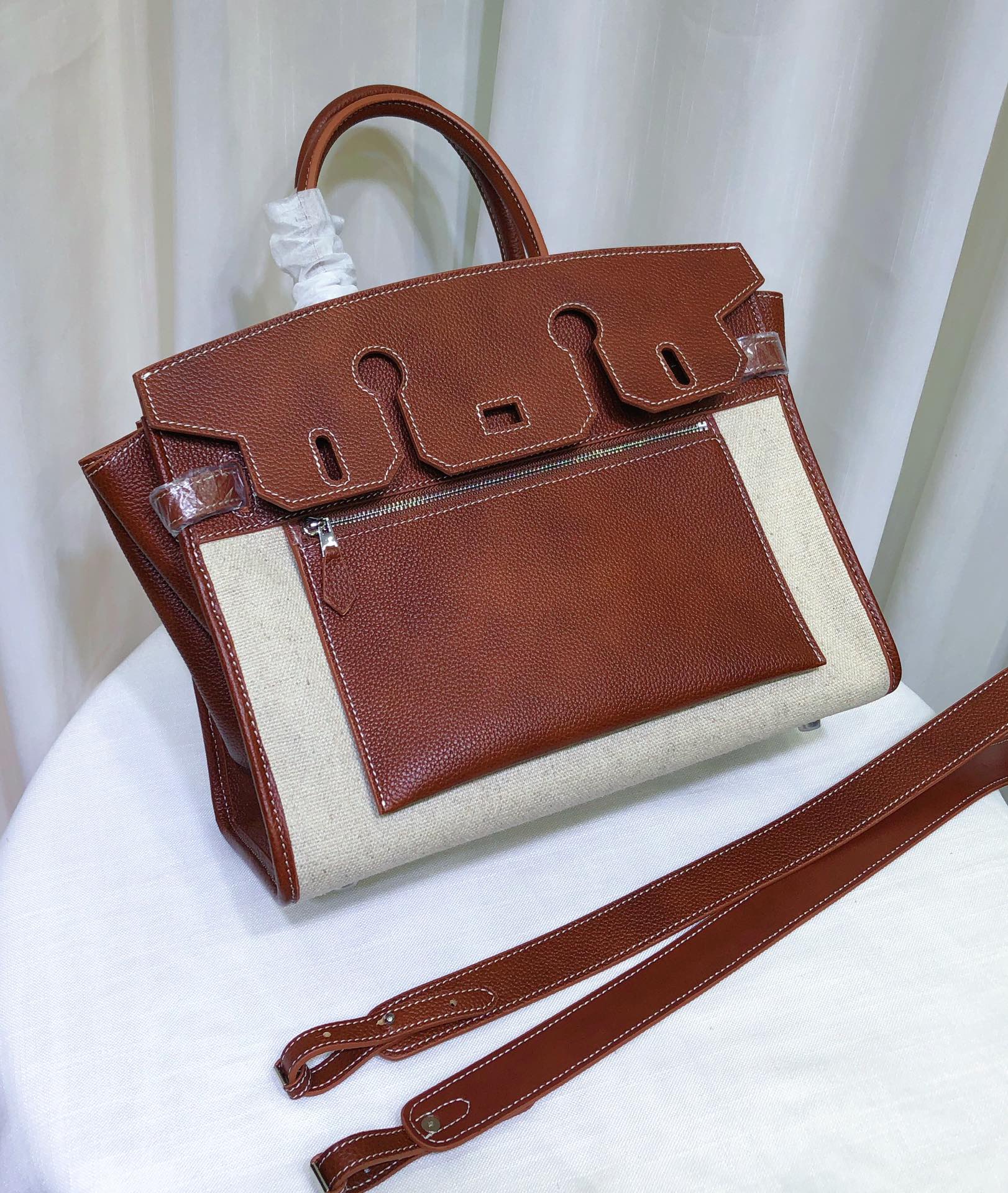Leather Saddle Bag With Contrast Stitching, Exterior