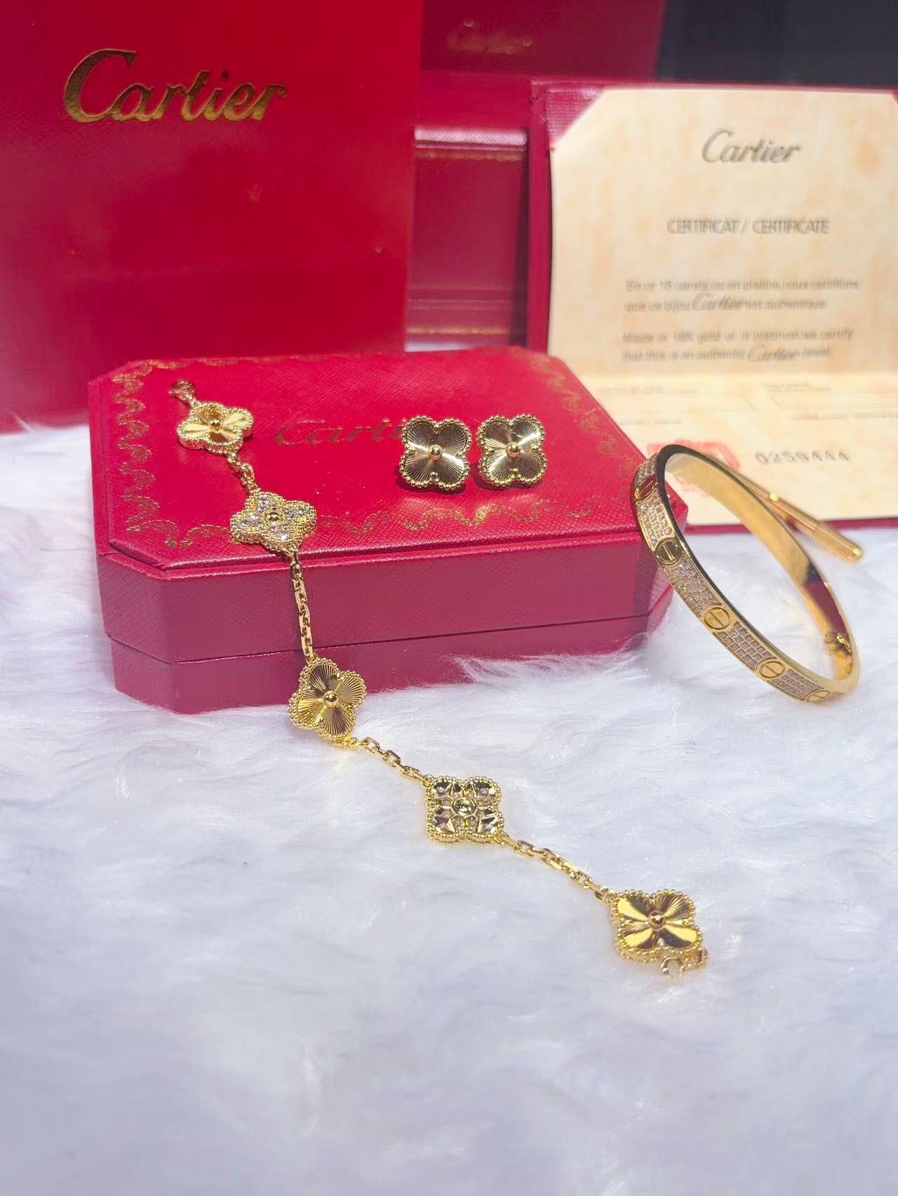 LOVE BRACELET, DIAMOND-PAVED + VINTAGE ALHAMBRA EARRINGS + VINTAGE ALHAMBRA BRACELET, 5 MOTIFS