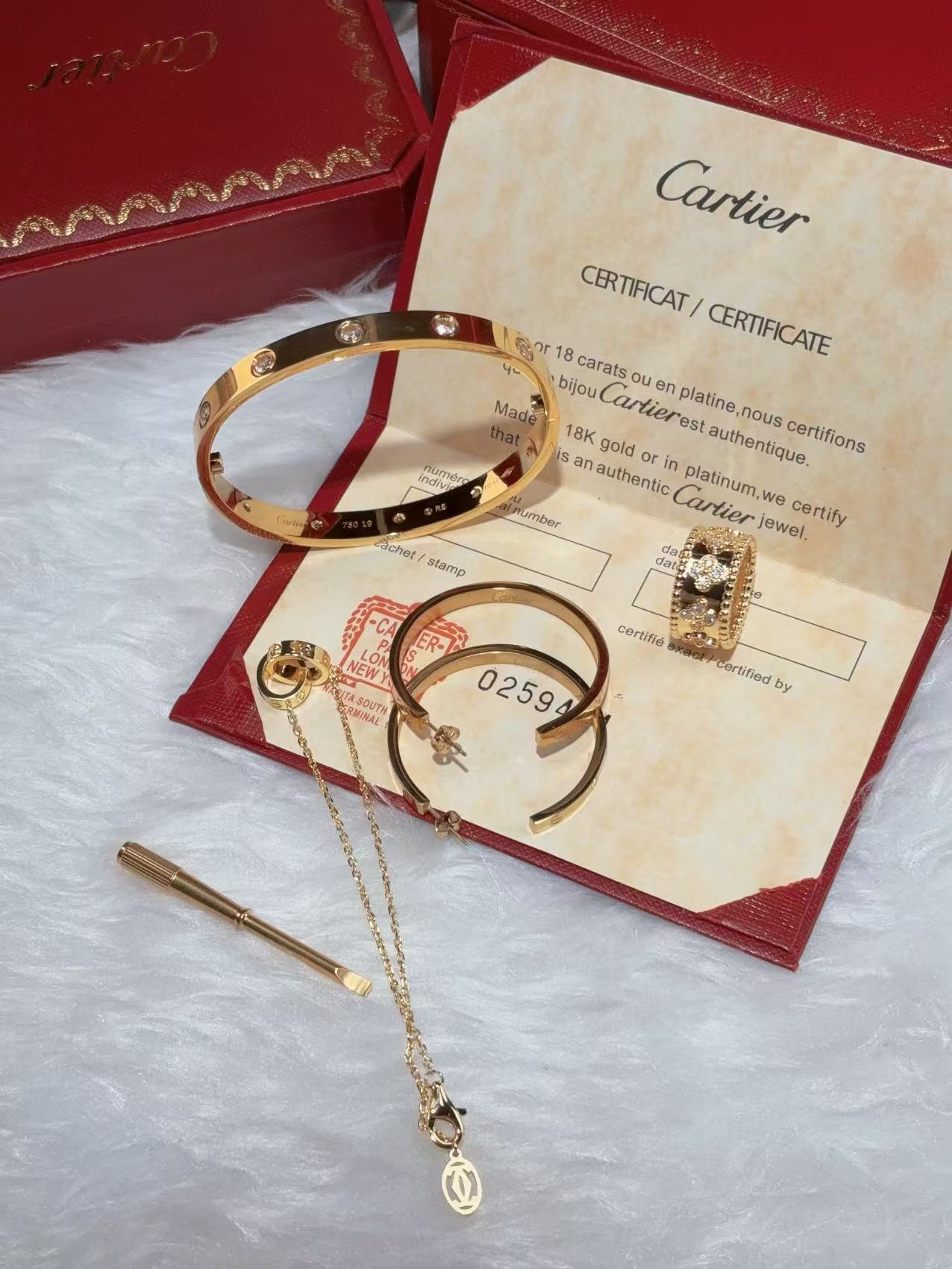 LOVE BRACELET, 10 DIAMONDS + LOVE EARRINGS + VINTAGE ALHAMBRA PENDANT + IDYLLE BLOSSOM MONOGRAM BRACELET, YELLOW GOLD AND DIAMONDS