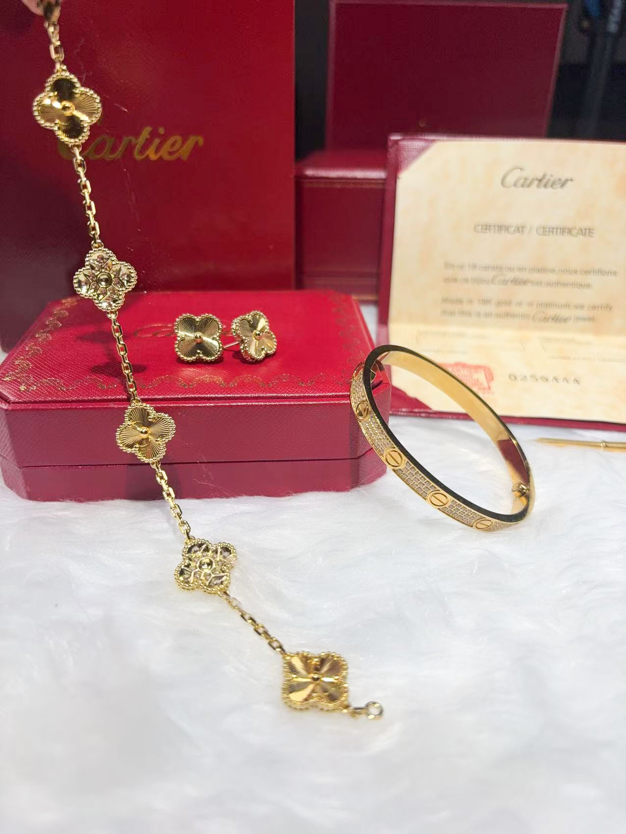 LOVE BRACELET, DIAMOND-PAVED + VINTAGE ALHAMBRA EARRINGS + VINTAGE ALHAMBRA BRACELET, 5 MOTIFS